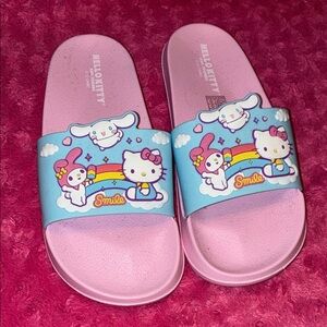 Hello Kitty Pink Slides with Blue Rainbow Character Strap
